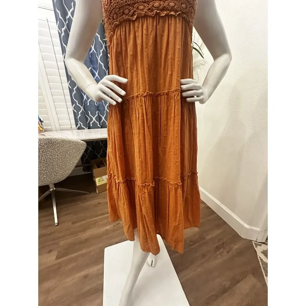 Lush Crochet Dress Women Sz S 4/6 Tiered Midi Ruffle‎ Trim Flowy Feminine Orange